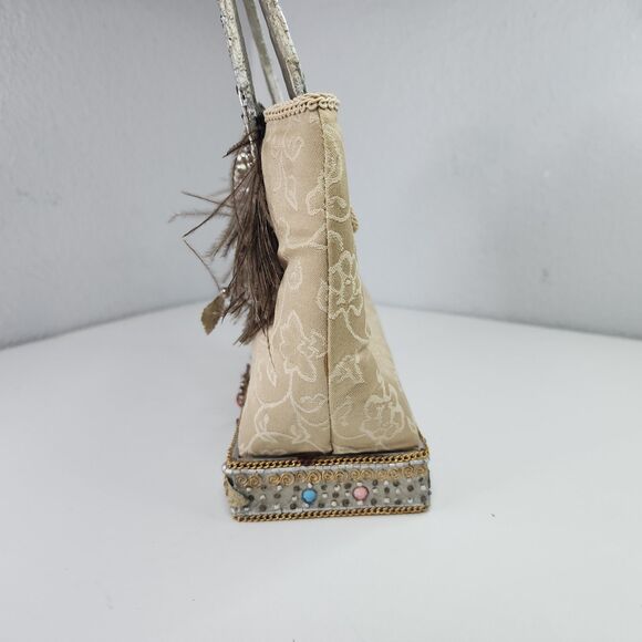 Mary Frances Beaded Quilted Silk Evening Bag Jeweled Feather Accent Purse Handba - Picture 10 of 15